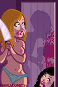 Haiku Comics iPhone Wallpaper illustration of a topless girl hiding from a serial killer by Nathan Olsen.