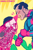 Haiku Comics iPhone Wallpaper illustration of a superhero incinerating a super villian by Nathan Olsen.
