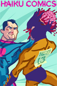 Haiku Comics iPhone Wallpaper illustration of a superhero punching the brains out of a super villian by Nathan Olsen.