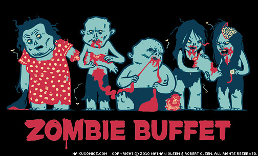 Haiku Comics "Zombie Buffet" t-shirt design by Nathan Olsen and Robert Olsen.